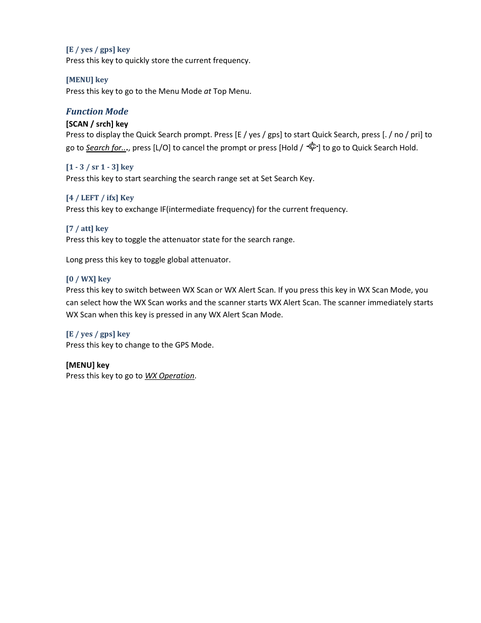 E / yes / gps] key, Menu] key, Function mode | 1 - 3 / sr 1 - 3] key, 4 / left / ifx] key, 7 / att] key, 0 / wx] key | Uniden BCD396XT User Manual | Page 171 / 273