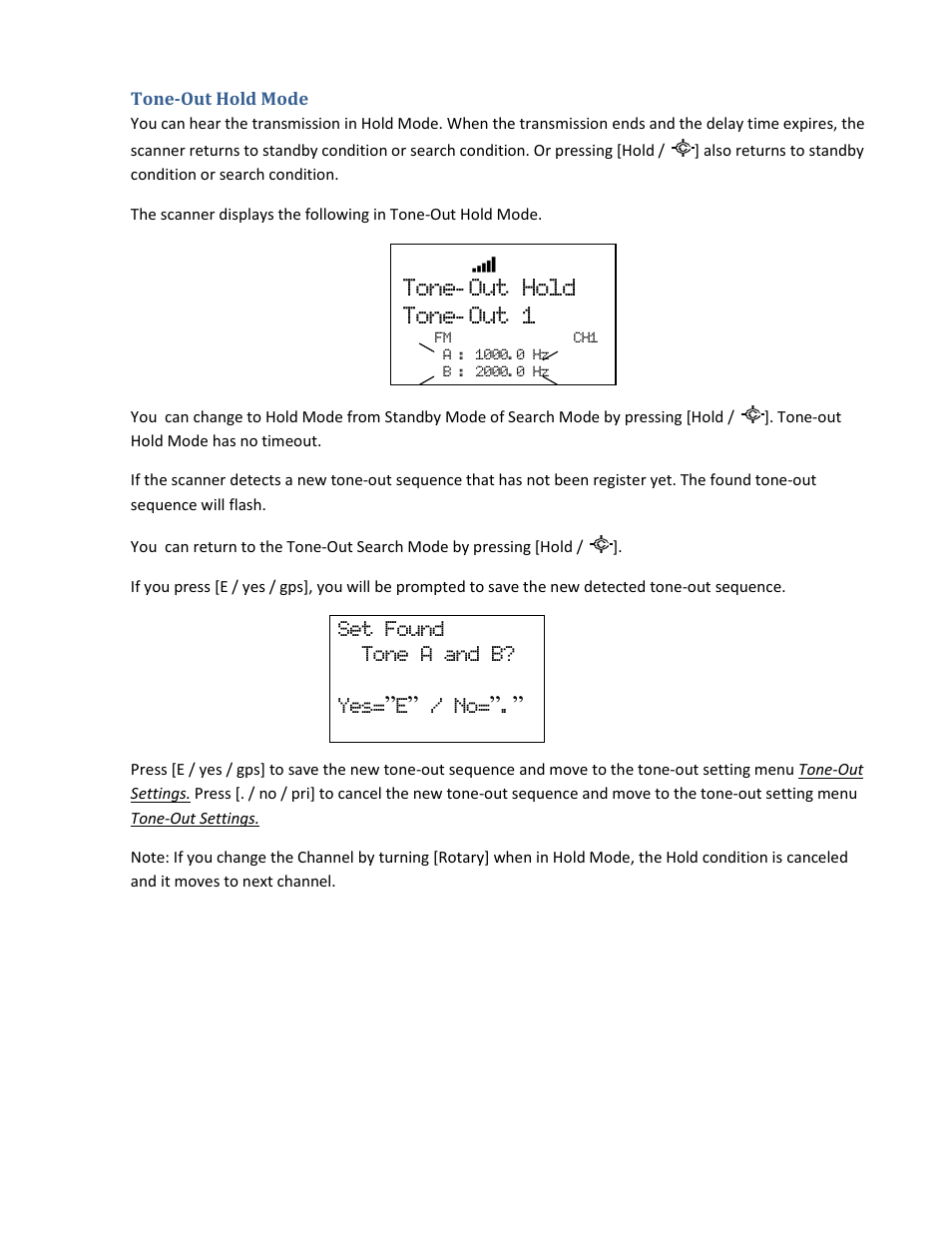 Tone-out hold mode, Tone- out hold tone- out 1, Set found tone a and b? yes= ”e” / no | Uniden BCD396XT User Manual | Page 176 / 273