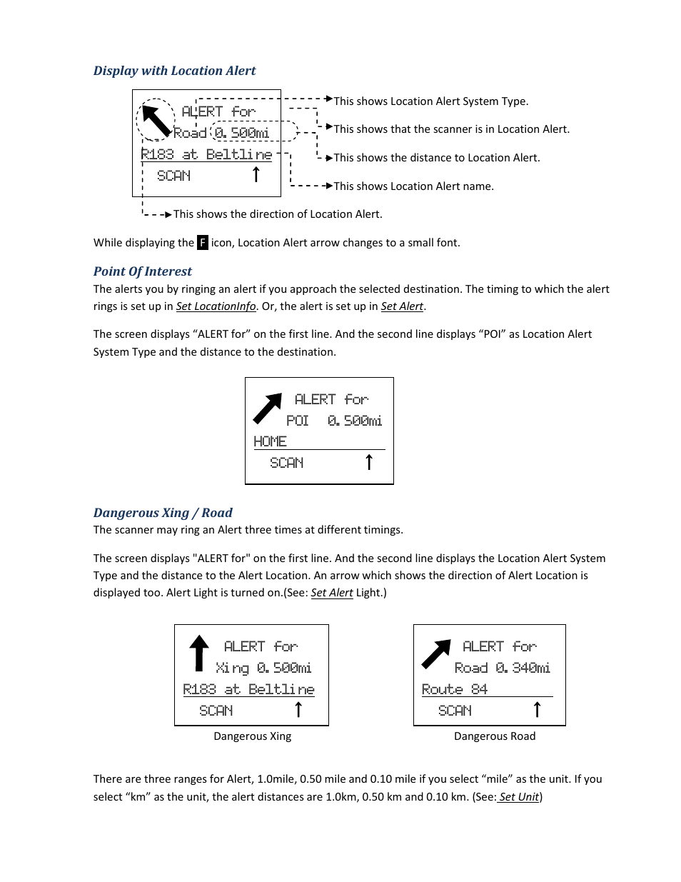 Display with location alert, Point of interest, Dangerous xing / road | Uniden BCD396XT User Manual | Page 182 / 273