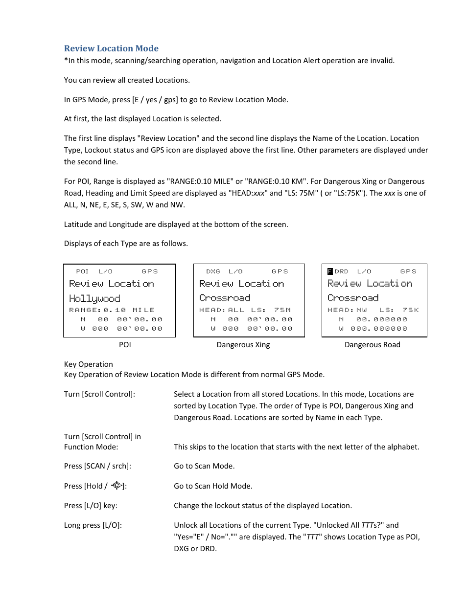Review location mode, Revi ew _ locati on hollywood, Revi ew _ locati on crossroad | Uniden BCD396XT User Manual | Page 185 / 273