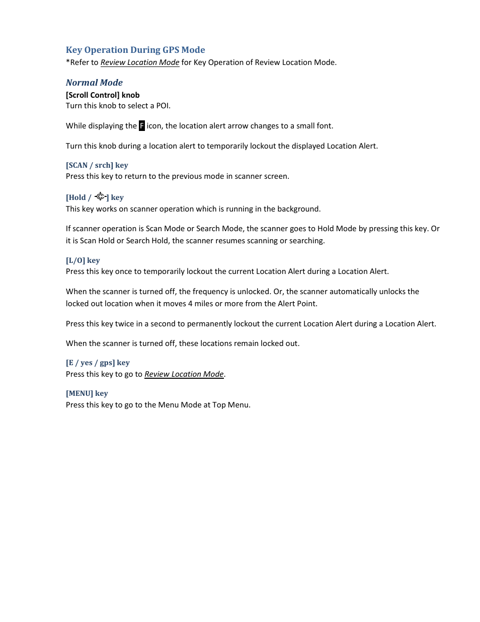 Key operation during gps mode, Normal mode, Scan / srch] key | Hold / /] key, L/o] key, E / yes / gps] key, Menu] key | Uniden BCD396XT User Manual | Page 187 / 273