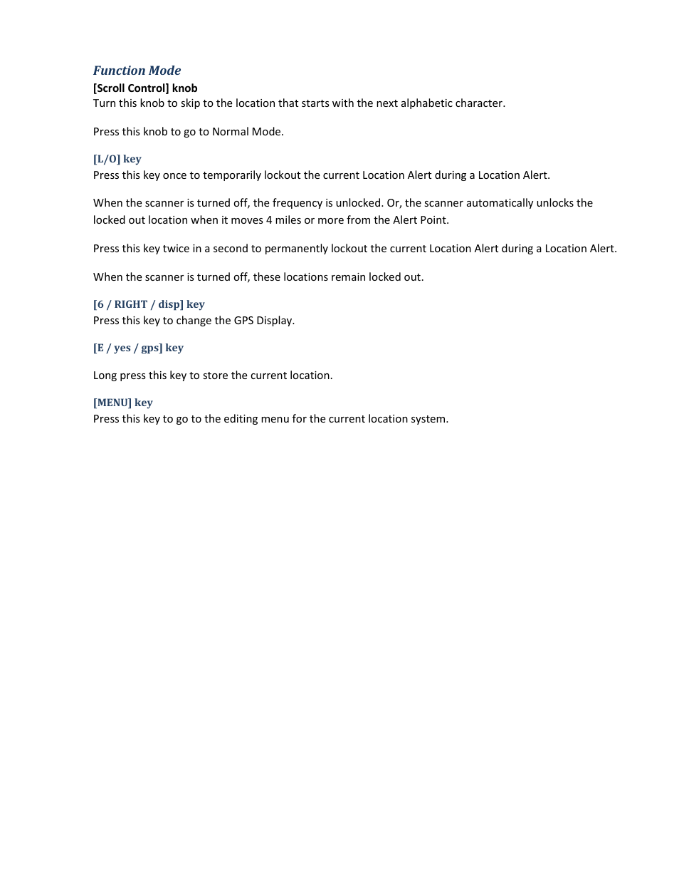 Function mode, L/o] key, 6 / right / disp] key | E / yes / gps] key, Menu] key | Uniden BCD396XT User Manual | Page 188 / 273