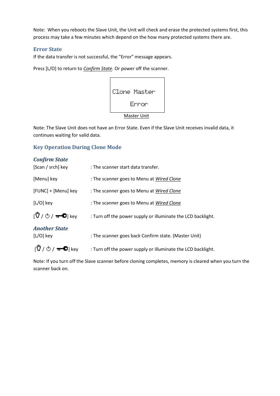 Error state, Key operation during clone mode, Confirm state | Another state, Clone master error | Uniden BCD396XT User Manual | Page 197 / 273