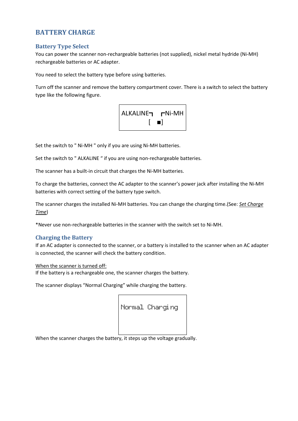 Battery charge, Battery type select, Charging the battery | Normal chargi ng | Uniden BCD396XT User Manual | Page 202 / 273