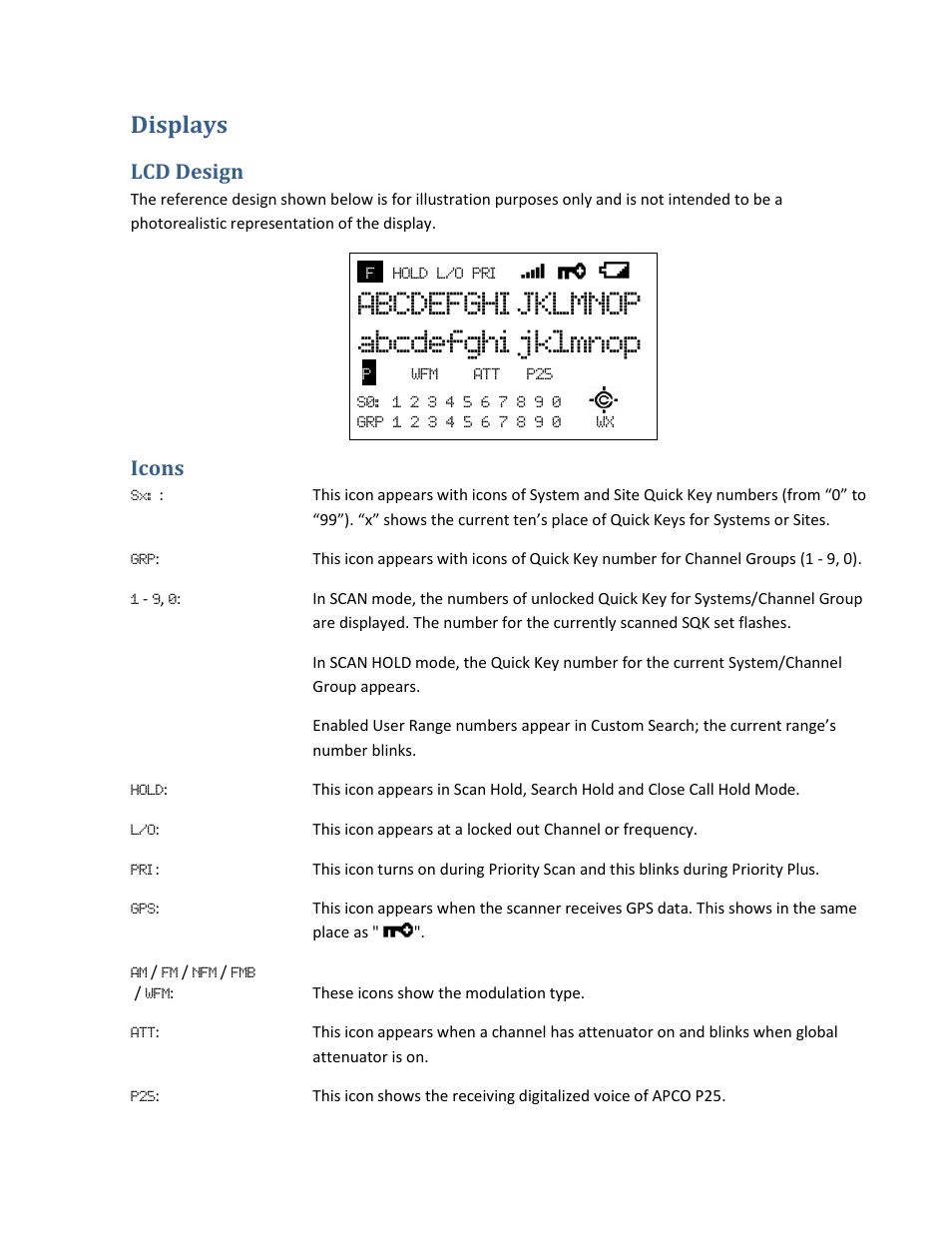 Displays, Lcd design, Icons | Abcdefghi jklmnop abcdefghi jklmnop | Uniden BCD396XT User Manual | Page 21 / 273