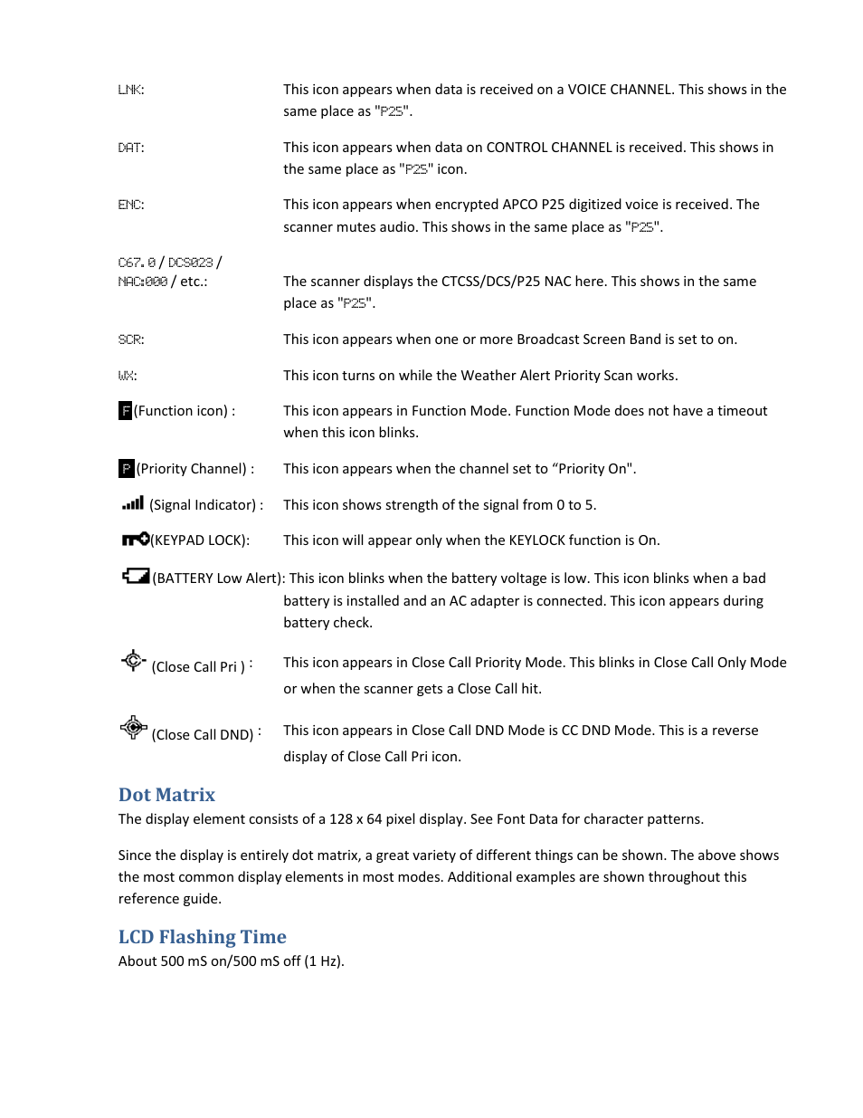 Dot matrix, Lcd flashing time | Uniden BCD396XT User Manual | Page 22 / 273