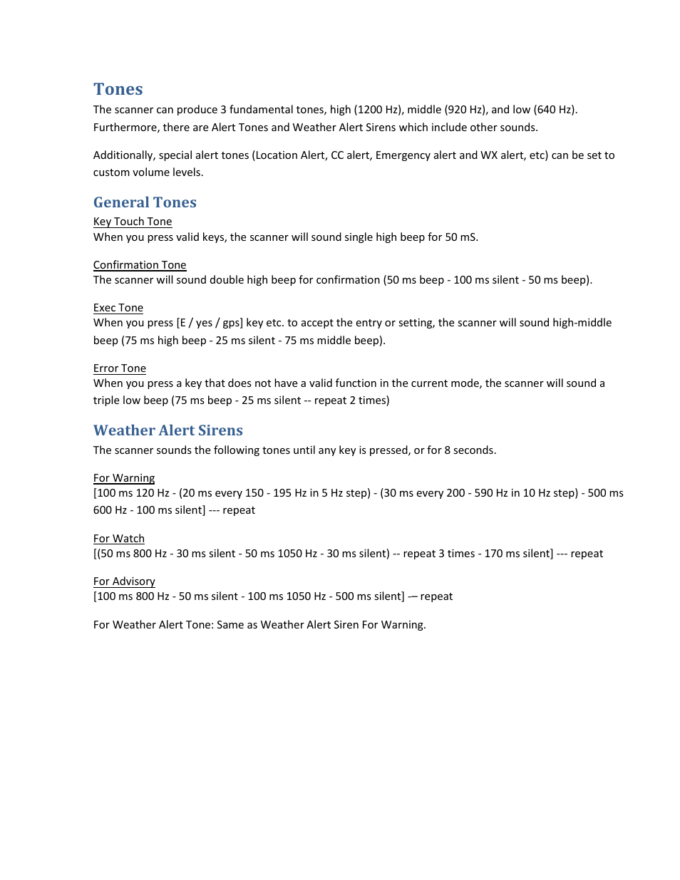 Tones, General tones, Weather alert sirens | Uniden BCD396XT User Manual | Page 23 / 273