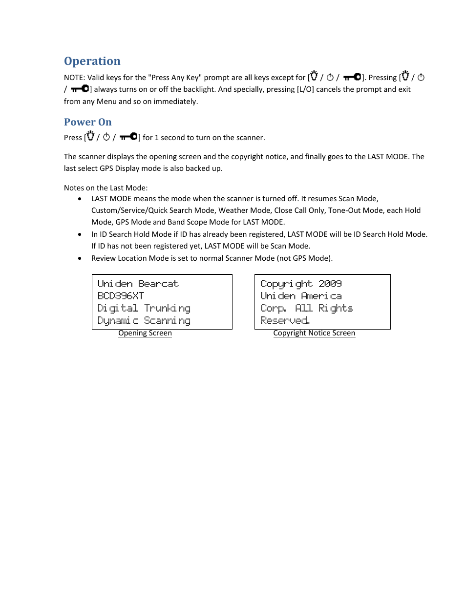 Operation, Power on | Uniden BCD396XT User Manual | Page 25 / 273