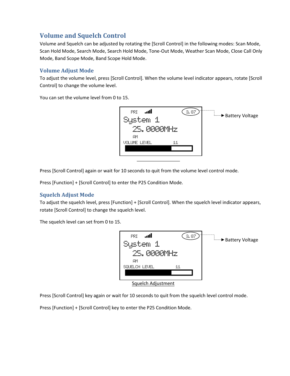 Volume and squelch control, Volume adjust mode, Squelch adjust mode | Uniden BCD396XT User Manual | Page 26 / 273