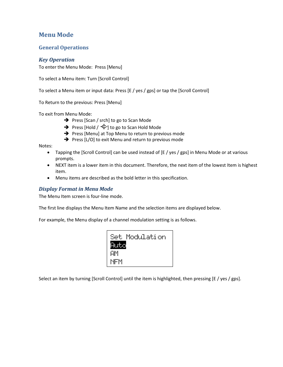 Menu mode, General operations, Key operation | Display format in menu mode, Set modulati on auto am nfm | Uniden BCD396XT User Manual | Page 28 / 273