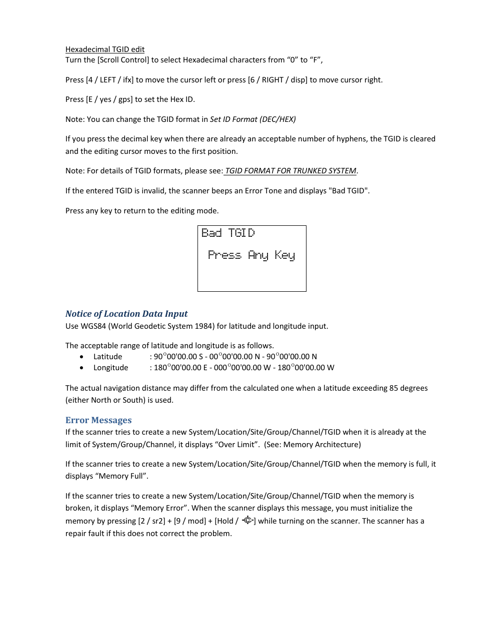 Notice of location data input, Error messages, Bad tgi d press any key | Uniden BCD396XT User Manual | Page 31 / 273
