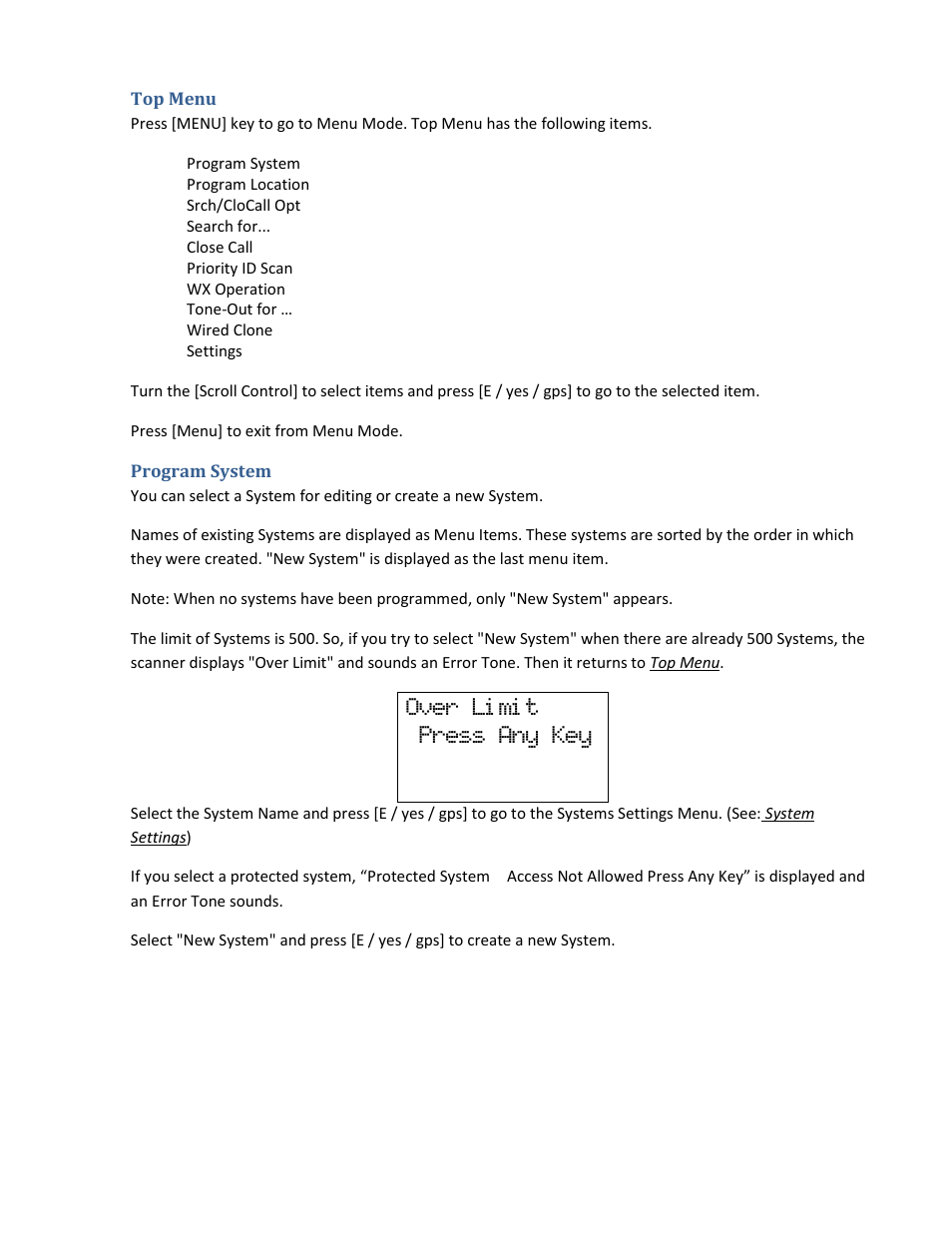 Top menu, Program system, Over li mi t press any key | Uniden BCD396XT User Manual | Page 32 / 273