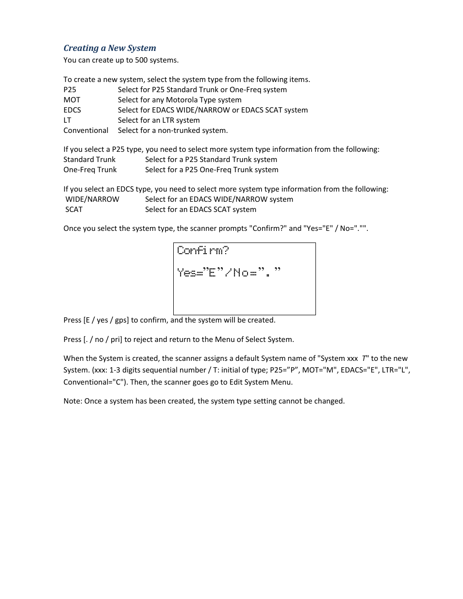 Creating a new system, Confi rm? yes= ”e” /no | Uniden BCD396XT User Manual | Page 33 / 273