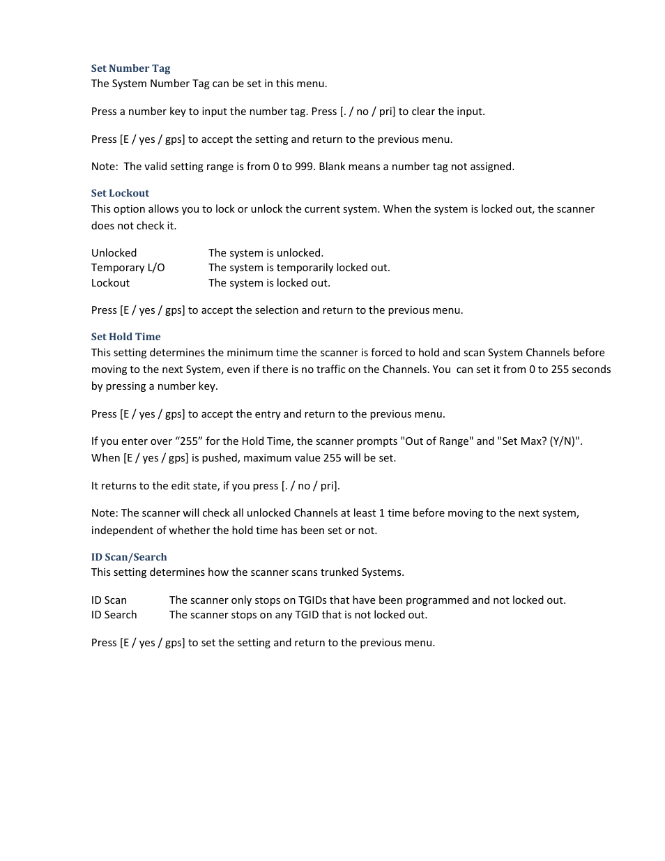 Set number tag, Set lockout, Set hold time | Id scan/search | Uniden BCD396XT User Manual | Page 36 / 273
