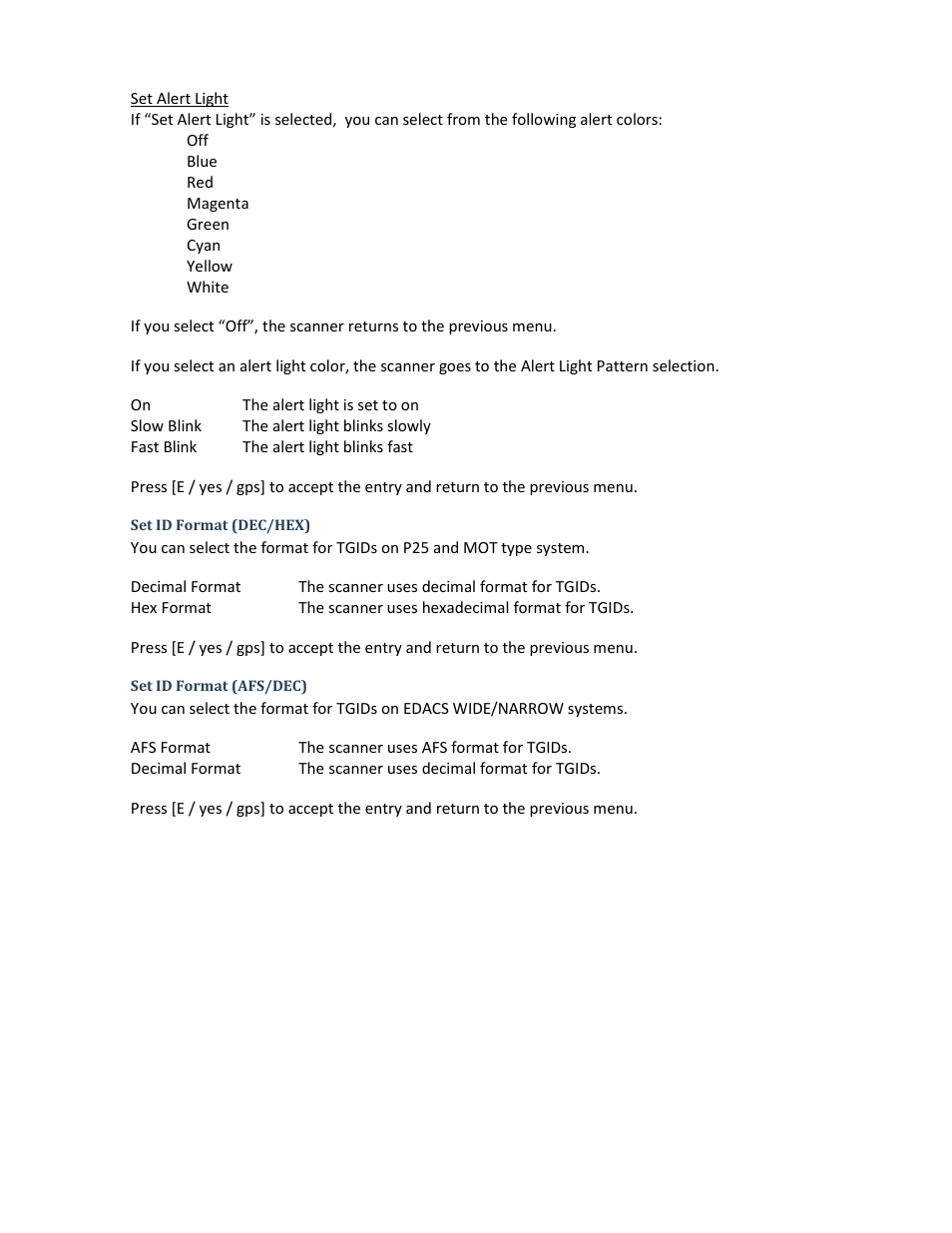 Set id format (dec/hex), Set id format (afs/dec) | Uniden BCD396XT User Manual | Page 40 / 273