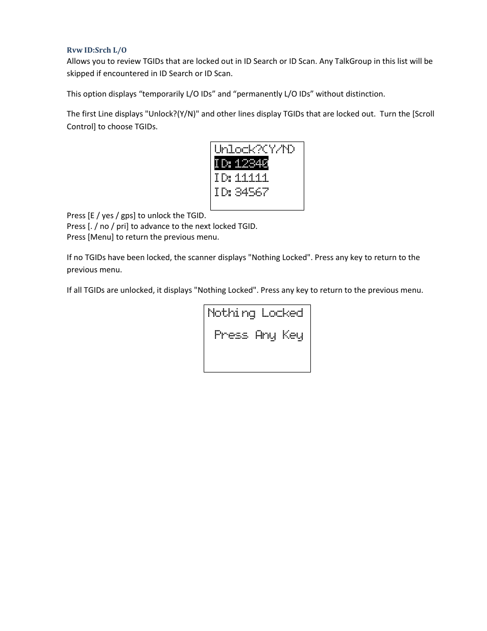 Rvw id:srch l/o, Nothi ng locked press any key | Uniden BCD396XT User Manual | Page 41 / 273