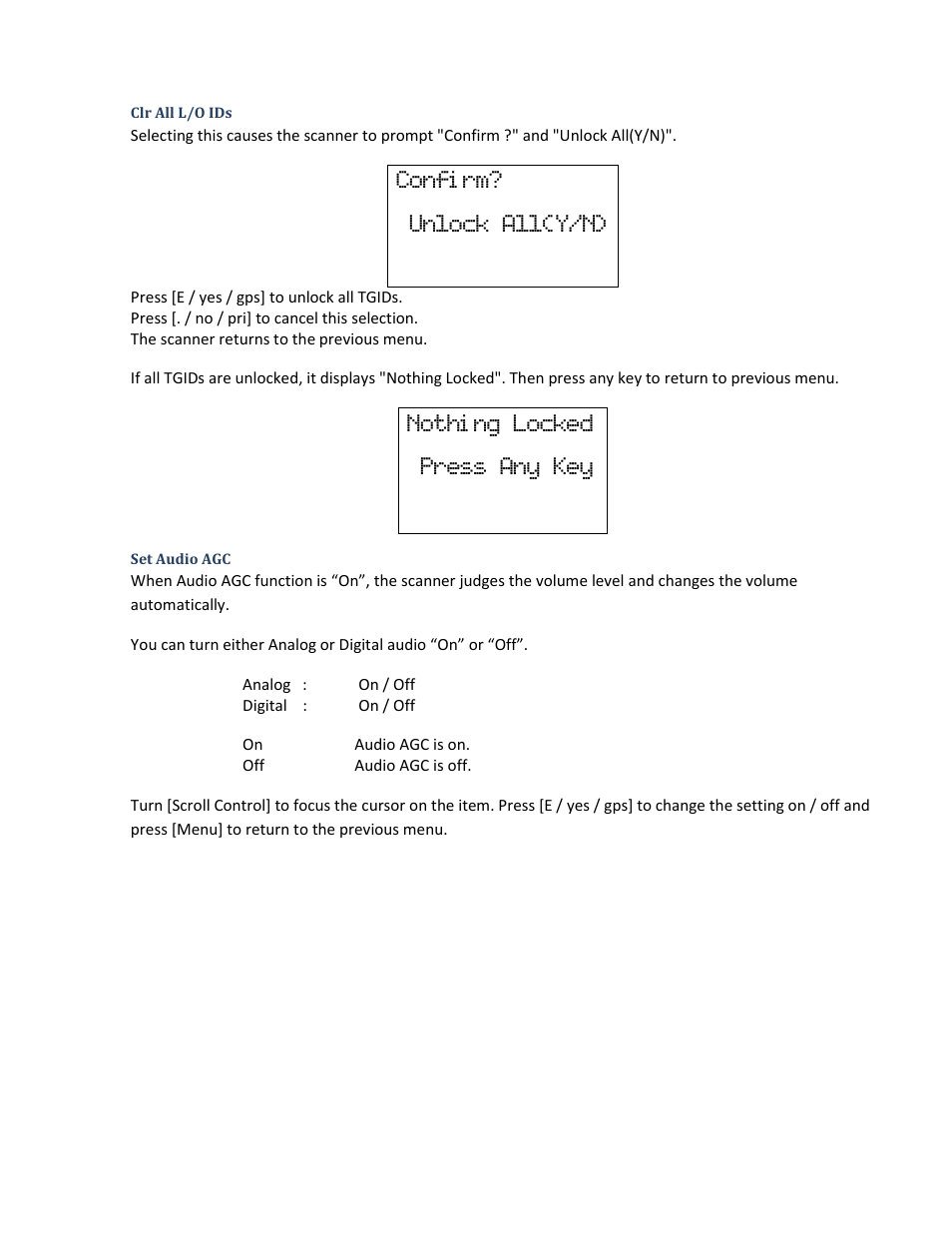 Clr all l/o ids, Set audio agc, Confi rm? unlock all(y/n) | Nothi ng locked press any key | Uniden BCD396XT User Manual | Page 42 / 273