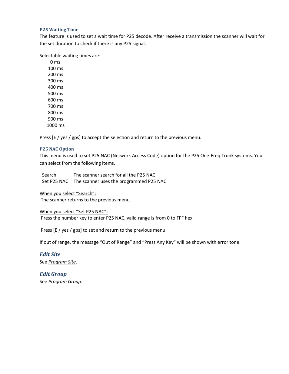 P25 waiting time, P25 nac option, Edit site | Edit group | Uniden BCD396XT User Manual | Page 43 / 273