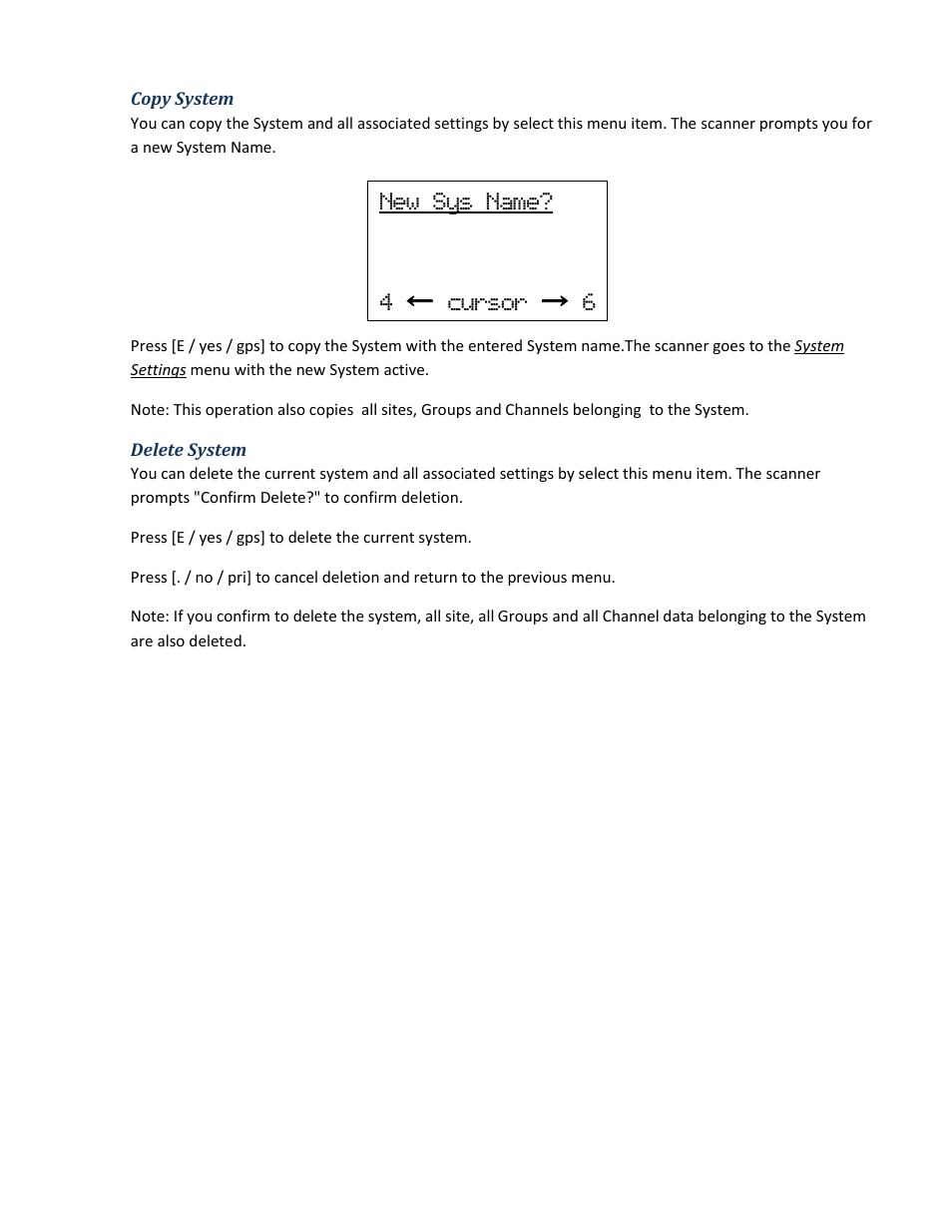 Copy system, Delete system, New sys name? 4 ← cursor → 6 | Uniden BCD396XT User Manual | Page 44 / 273