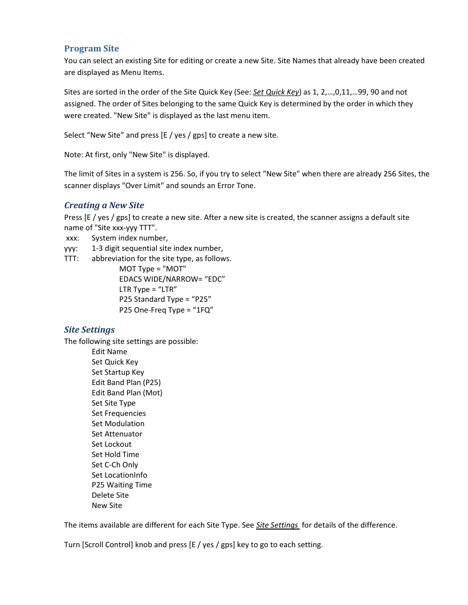 Program site, Creating a new site, Site settings | Uniden BCD396XT User Manual | Page 45 / 273