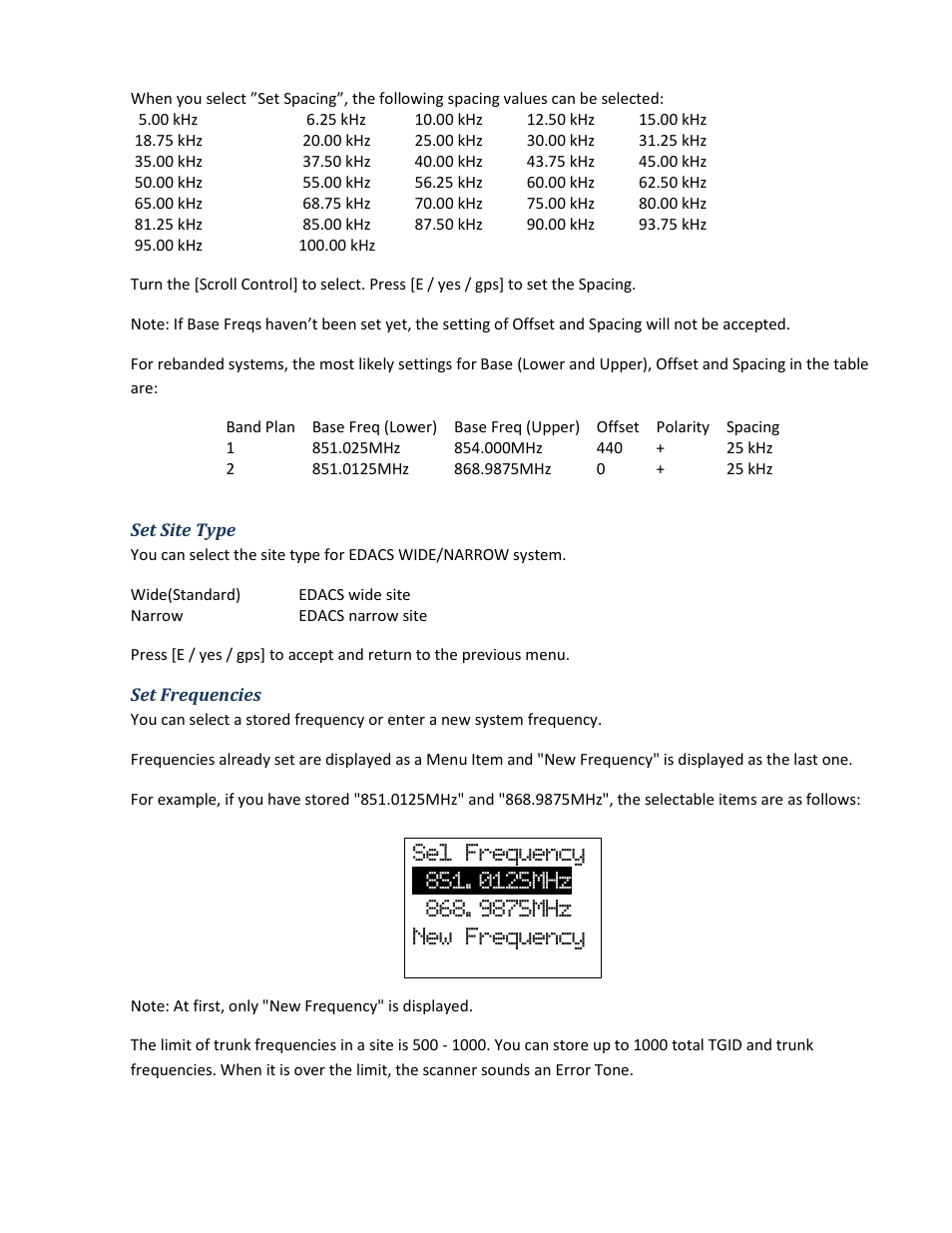 Set site type, Set frequencies | Uniden BCD396XT User Manual | Page 48 / 273