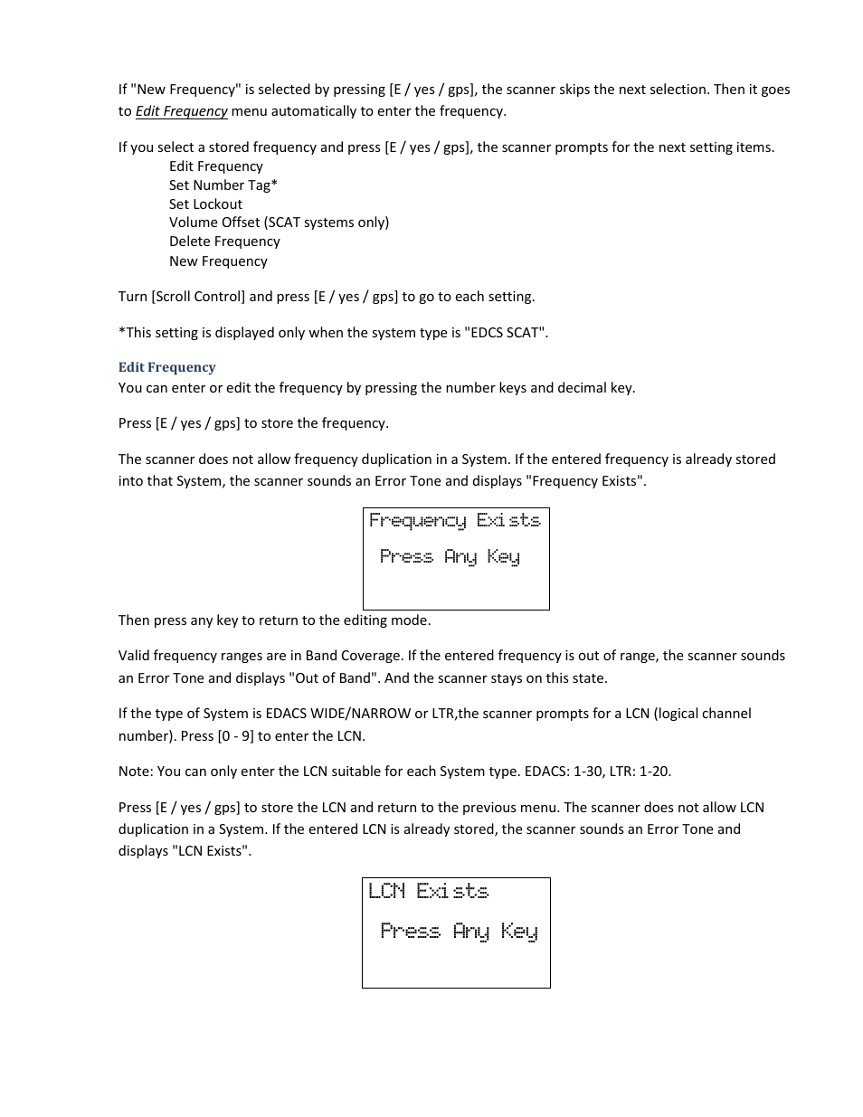 Edit frequency, Lcn exi sts press any key, Frequency exi sts press any key | Uniden BCD396XT User Manual | Page 49 / 273