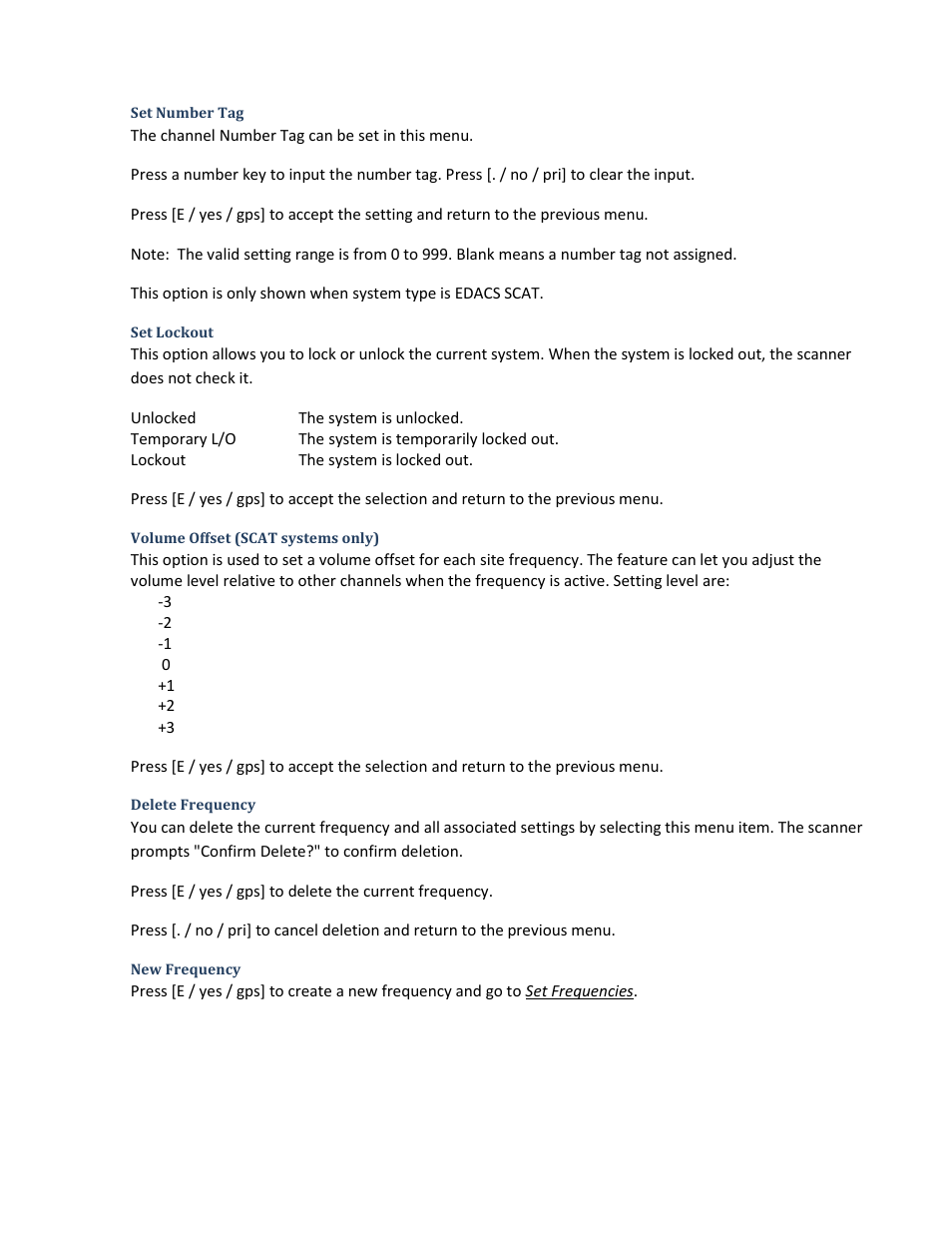 Set number tag, Set lockout, Volume offset (scat systems only) | Delete frequency, New frequency | Uniden BCD396XT User Manual | Page 50 / 273