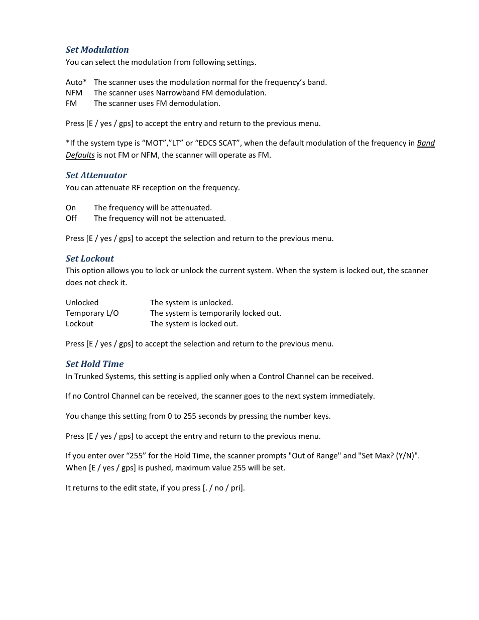 Set modulation, Set attenuator, Set lockout | Set hold time | Uniden BCD396XT User Manual | Page 51 / 273