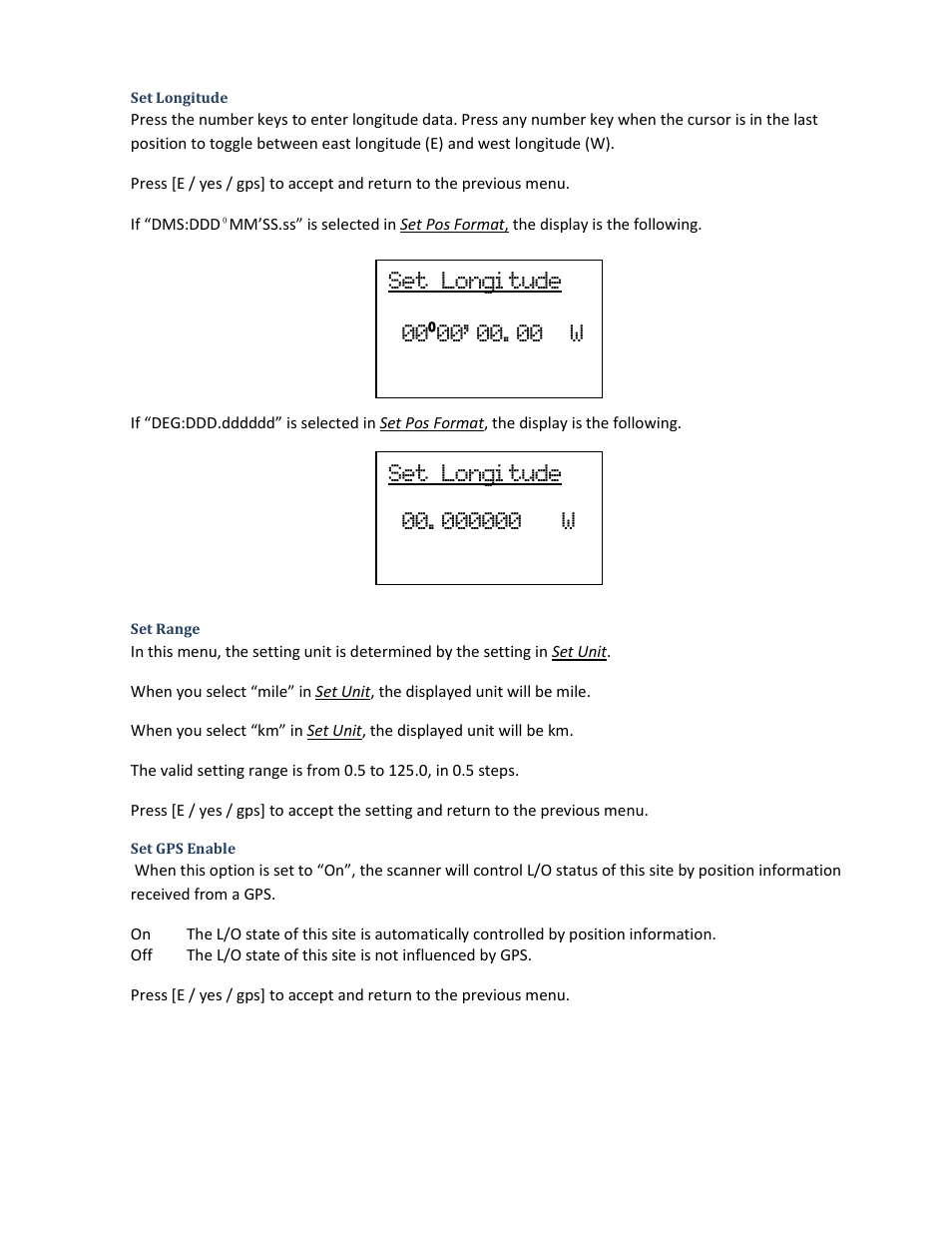 Set longitude, Set range, Set gps enable | Uniden BCD396XT User Manual | Page 53 / 273