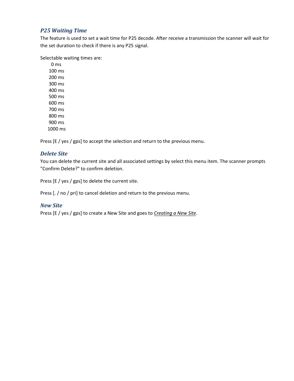 P25 waiting time, Delete site, New site | Uniden BCD396XT User Manual | Page 54 / 273