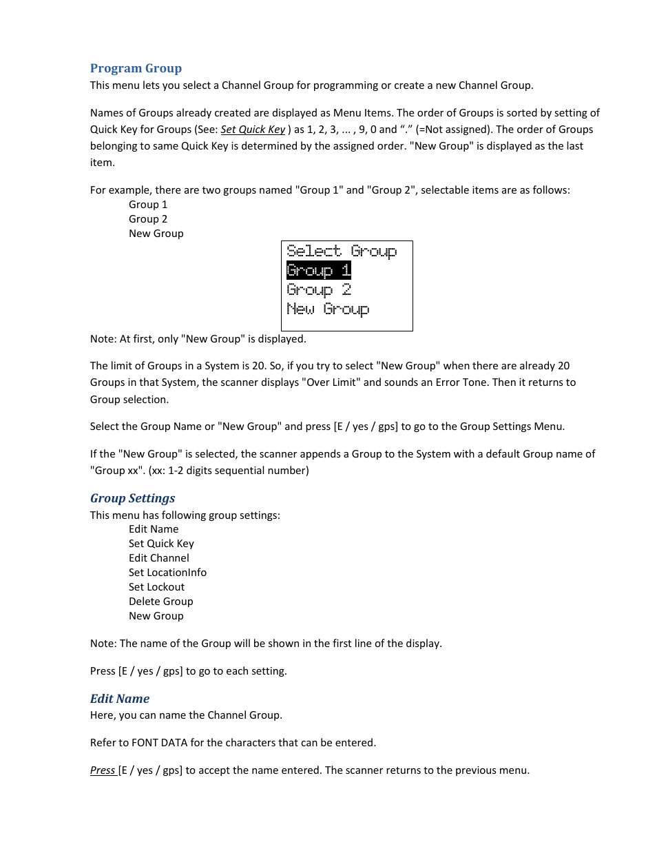 Program group, Group settings, Edit name | Select group group 1 group 2 new group | Uniden BCD396XT User Manual | Page 55 / 273