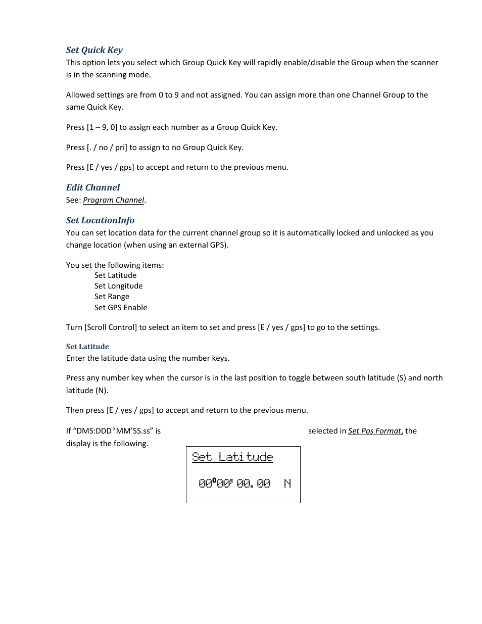 Set quick key, Edit channel, Set locationinfo | Set latitude | Uniden BCD396XT User Manual | Page 56 / 273