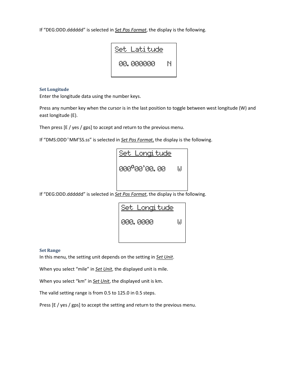 Set longitude, Set range | Uniden BCD396XT User Manual | Page 57 / 273