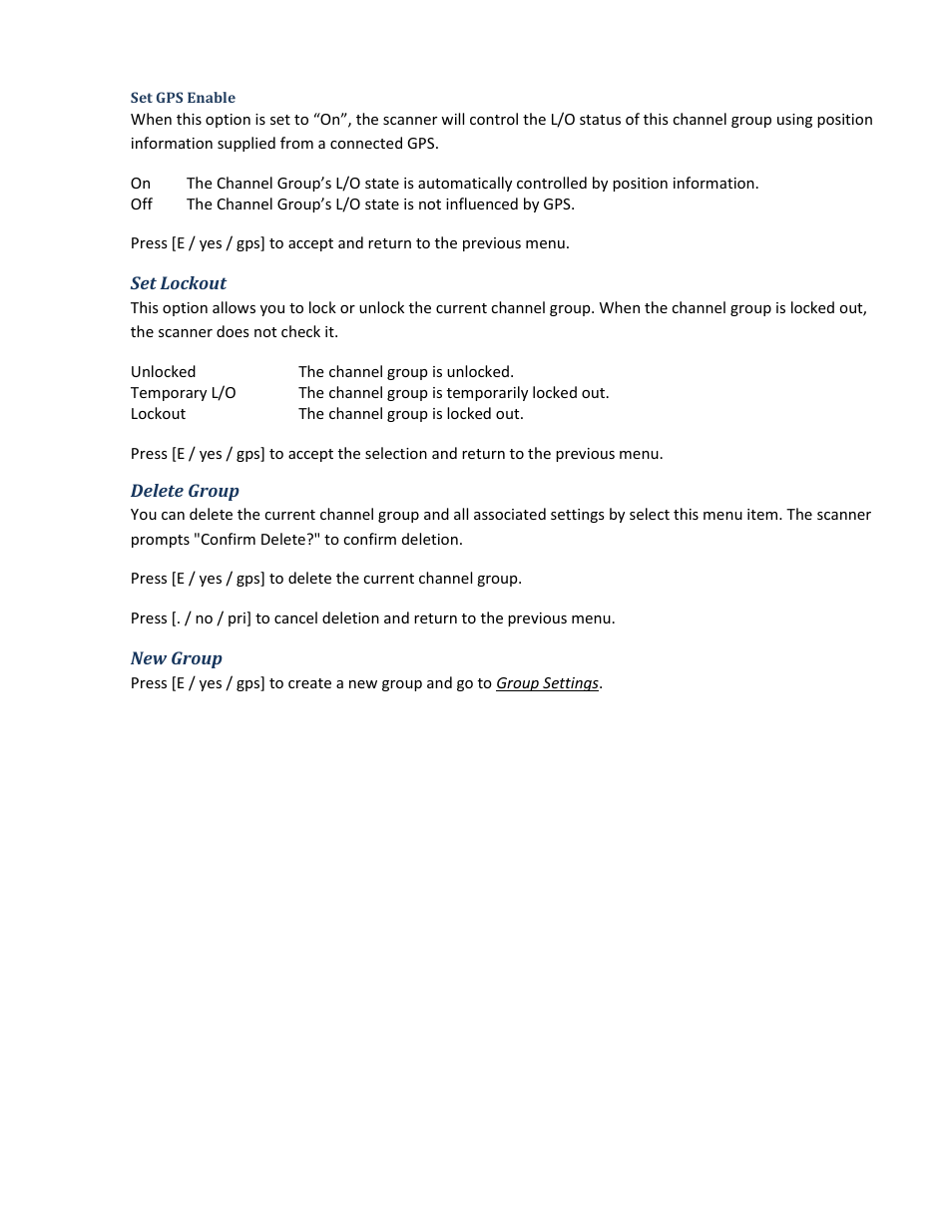 Set gps enable, Set lockout, Delete group | New group | Uniden BCD396XT User Manual | Page 58 / 273