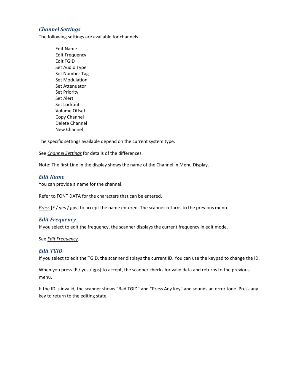 Channel settings, Edit name, Edit frequency | Edit tgid | Uniden BCD396XT User Manual | Page 62 / 273