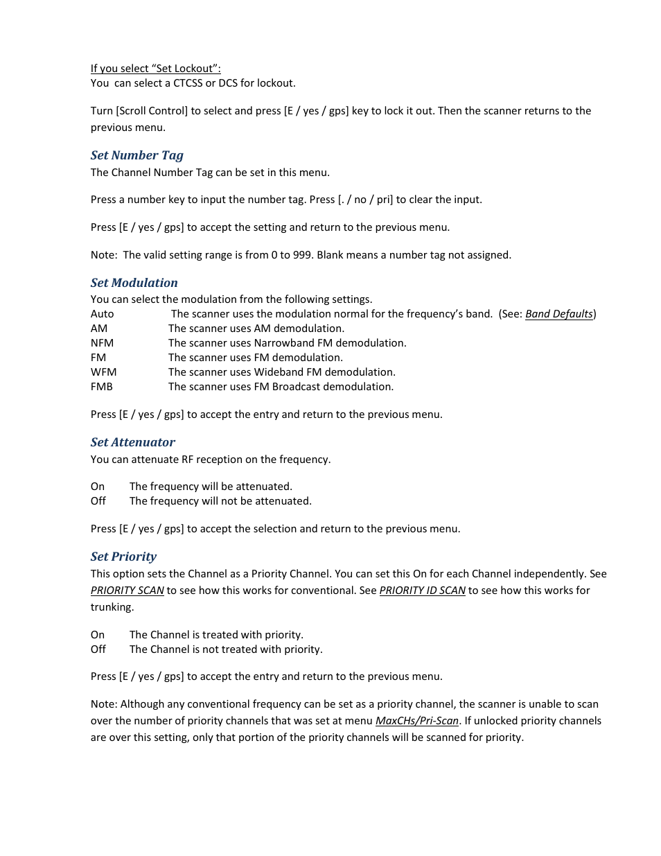 Set number tag, Set modulation, Set attenuator | Set priority | Uniden BCD396XT User Manual | Page 64 / 273