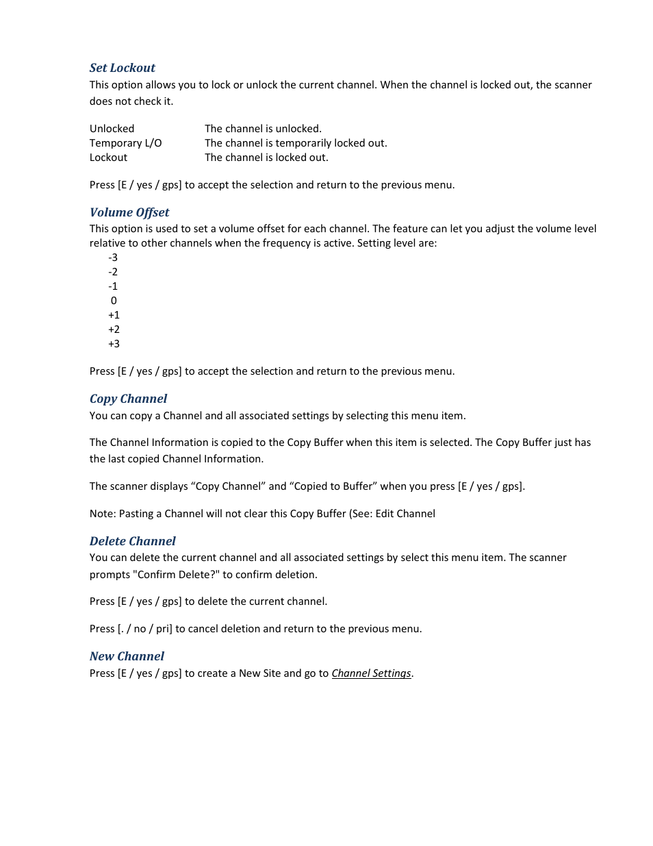 Set lockout, Volume offset, Copy channel | Delete channel, New channel | Uniden BCD396XT User Manual | Page 66 / 273