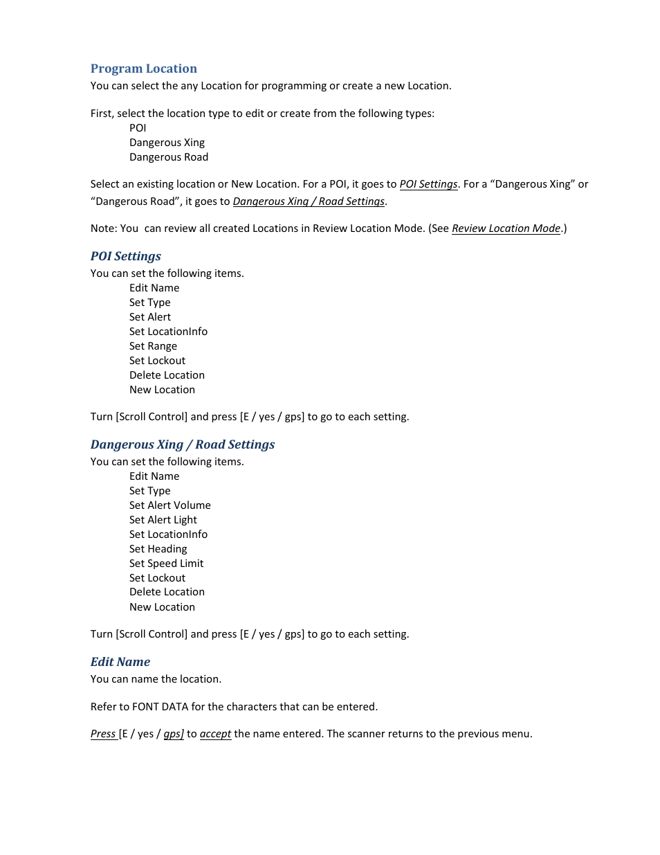 Program location, Poi settings, Dangerous xing / road settings | Edit name | Uniden BCD396XT User Manual | Page 67 / 273