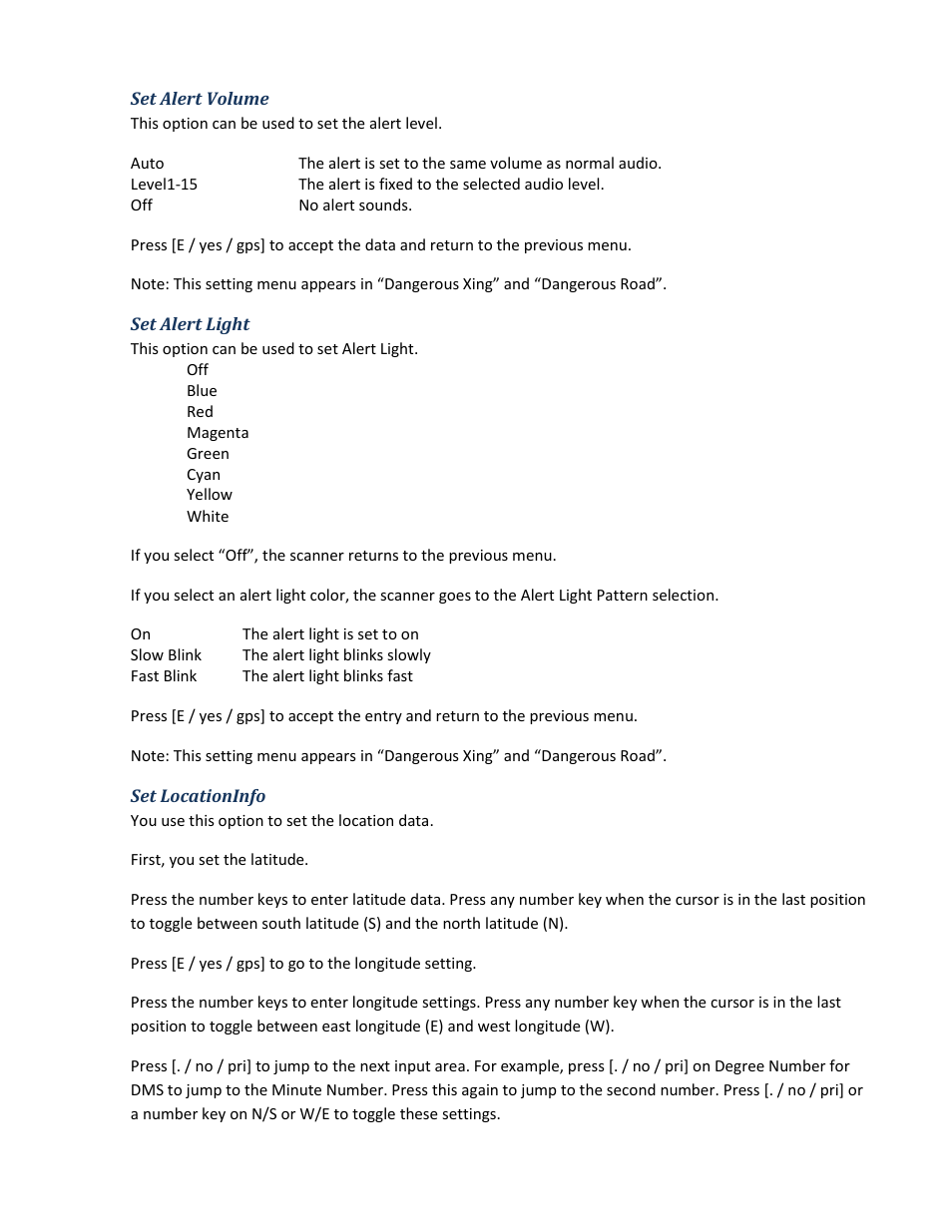 Set alert volume, Set alert light, Set locationinfo | Uniden BCD396XT User Manual | Page 69 / 273