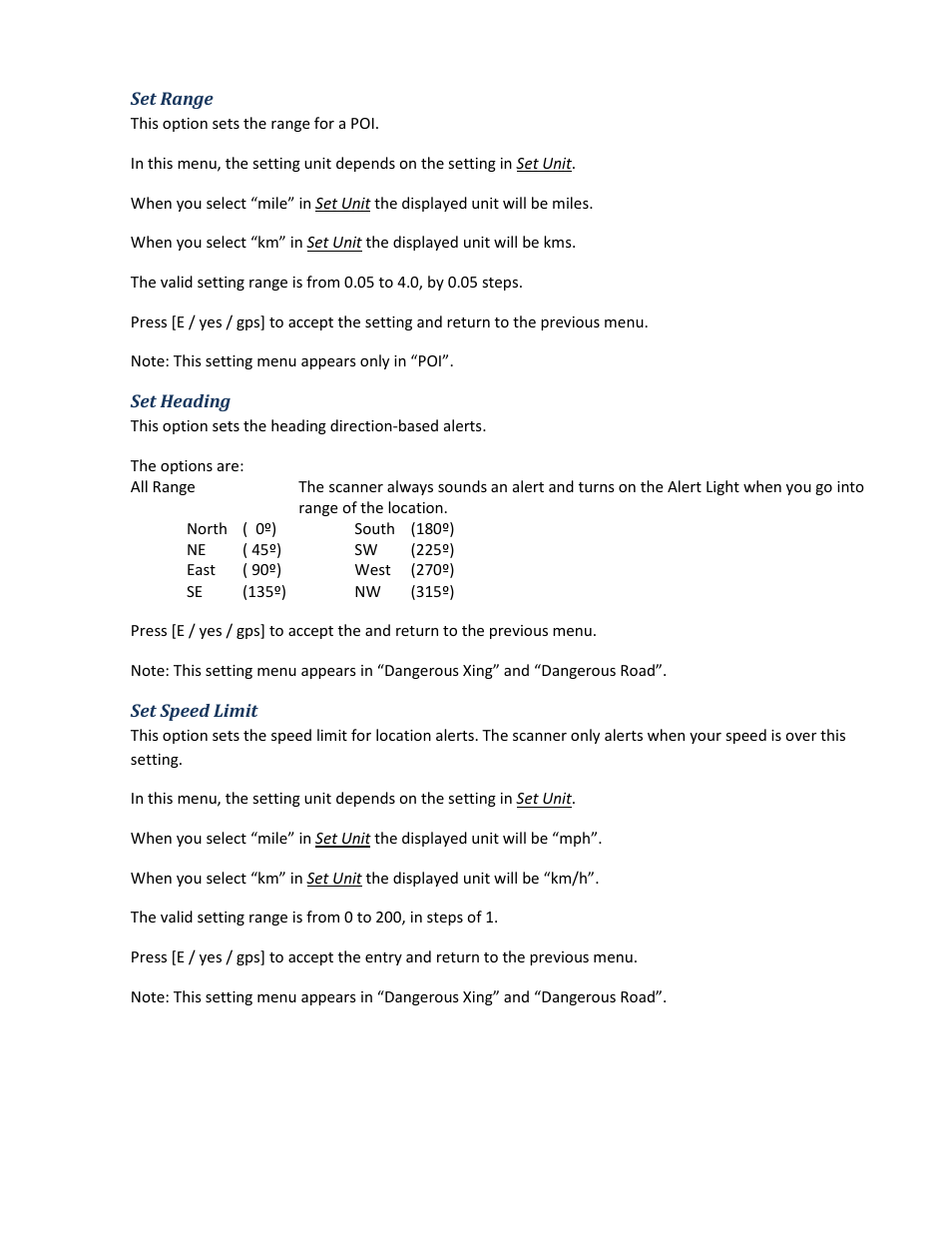 Set range, Set heading, Set speed limit | Uniden BCD396XT User Manual | Page 70 / 273