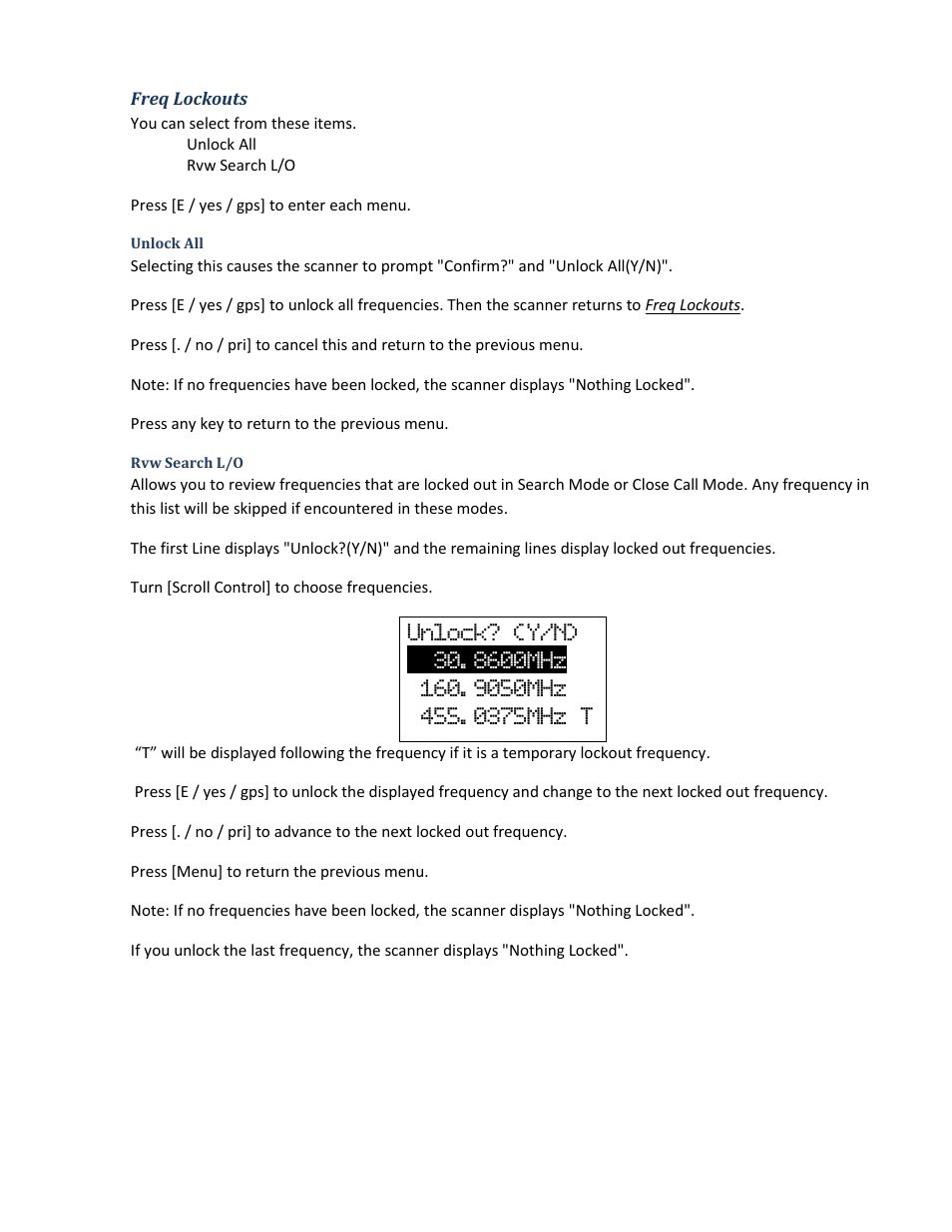 Freq lockouts, Unlock all, Rvw search l/o | Uniden BCD396XT User Manual | Page 73 / 273