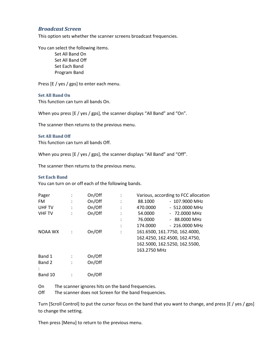 Broadcast screen, Set all band on, Set all band off | Set each band | Uniden BCD396XT User Manual | Page 74 / 273