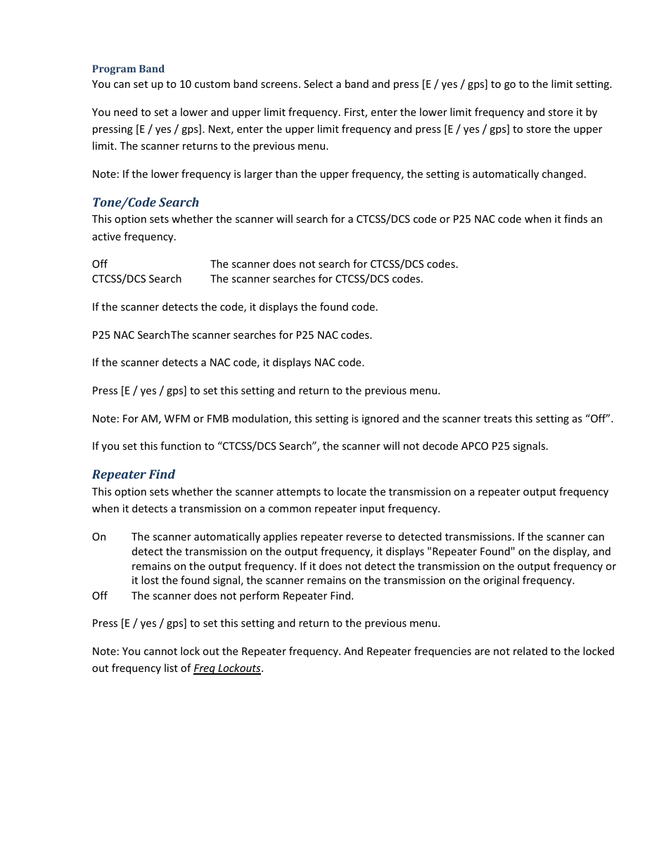 Program band, Tone/code search, Repeater find | Uniden BCD396XT User Manual | Page 75 / 273