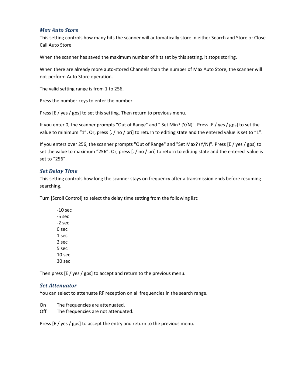 Max auto store, Set delay time, Set attenuator | Uniden BCD396XT User Manual | Page 76 / 273