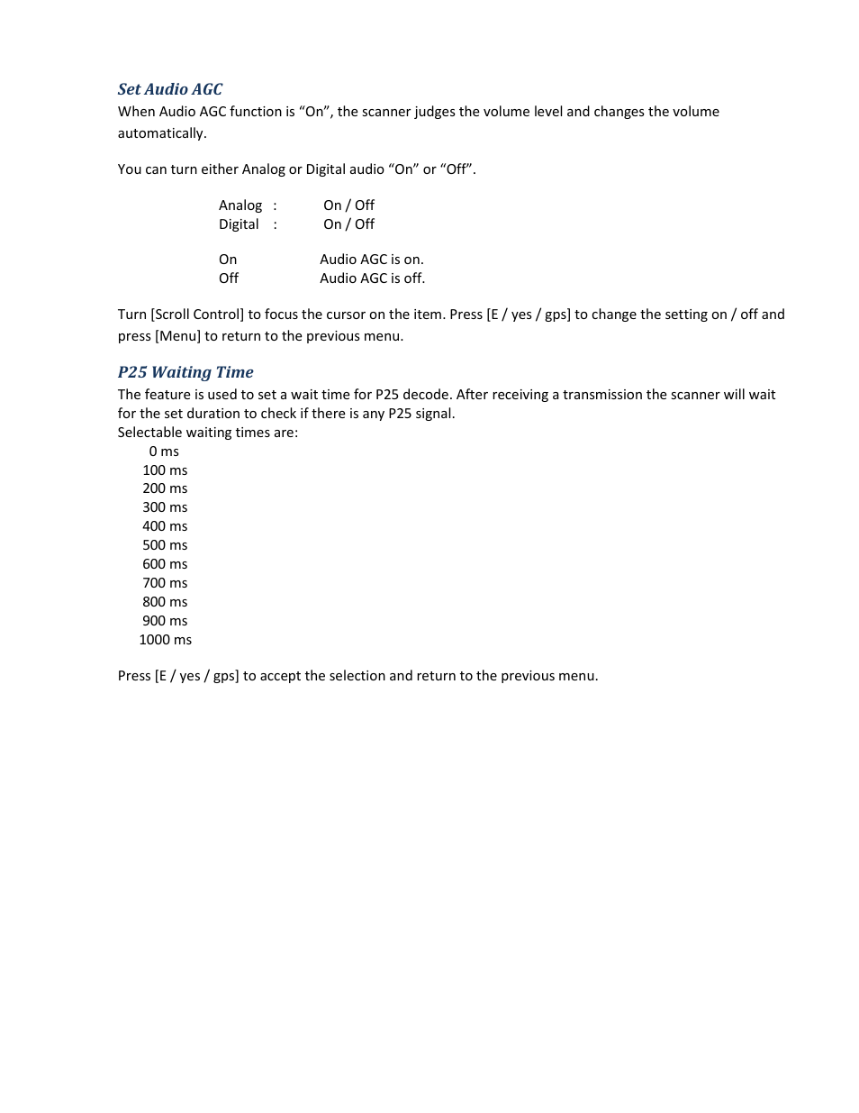 Set audio agc, P25 waiting time | Uniden BCD396XT User Manual | Page 77 / 273
