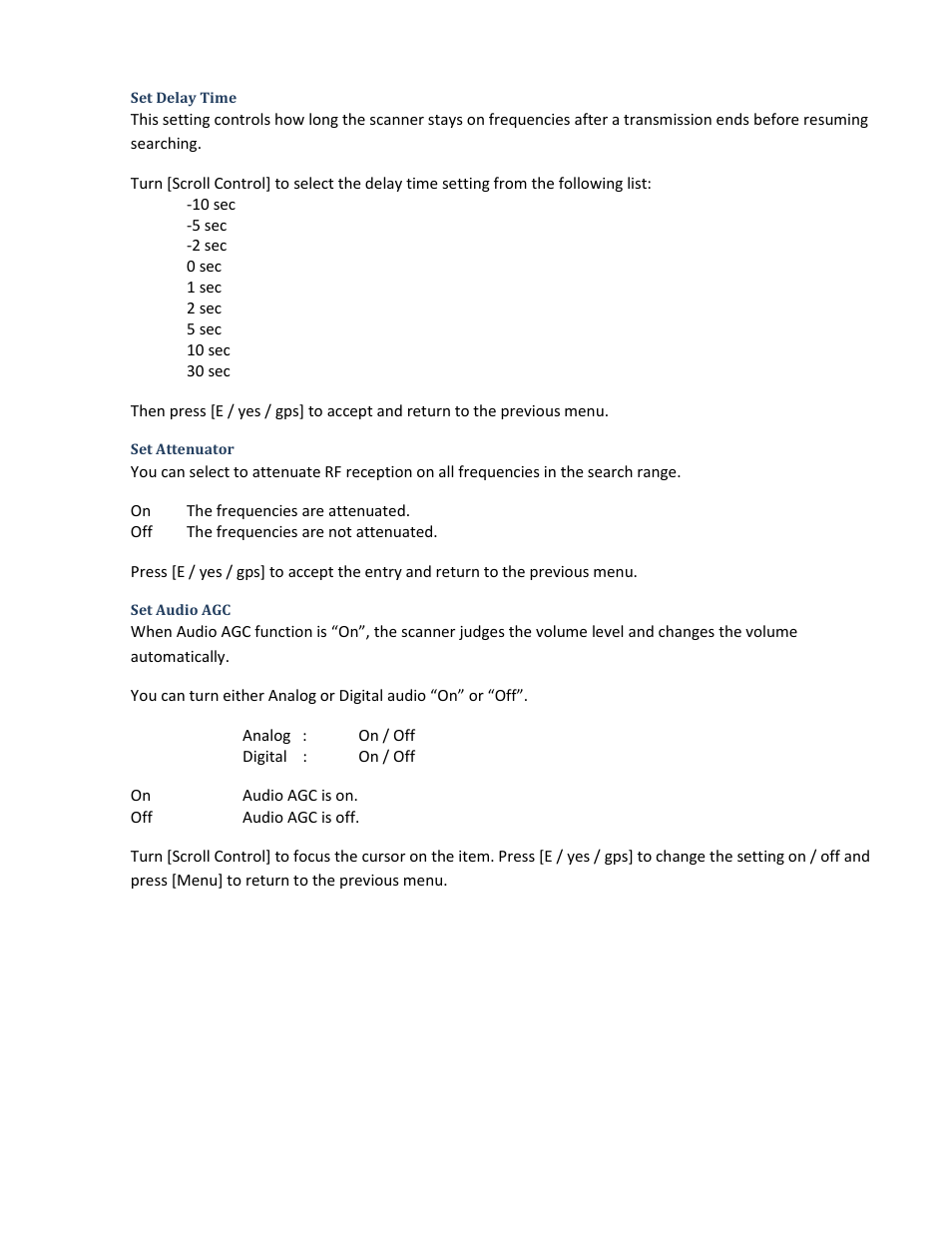 Set delay time, Set attenuator, Set audio agc | Uniden BCD396XT User Manual | Page 79 / 273