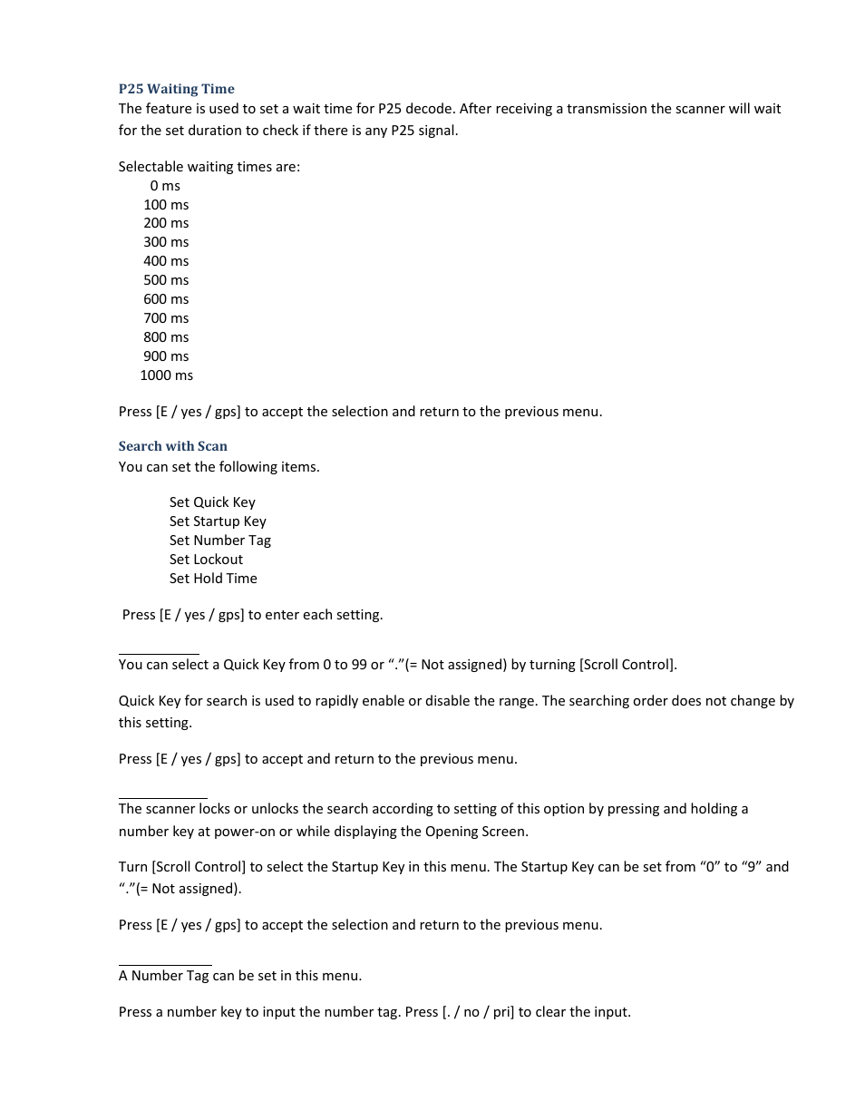 P25 waiting time, Search with scan, Set quick key | Set startup key, Set number tag | Uniden BCD396XT User Manual | Page 80 / 273