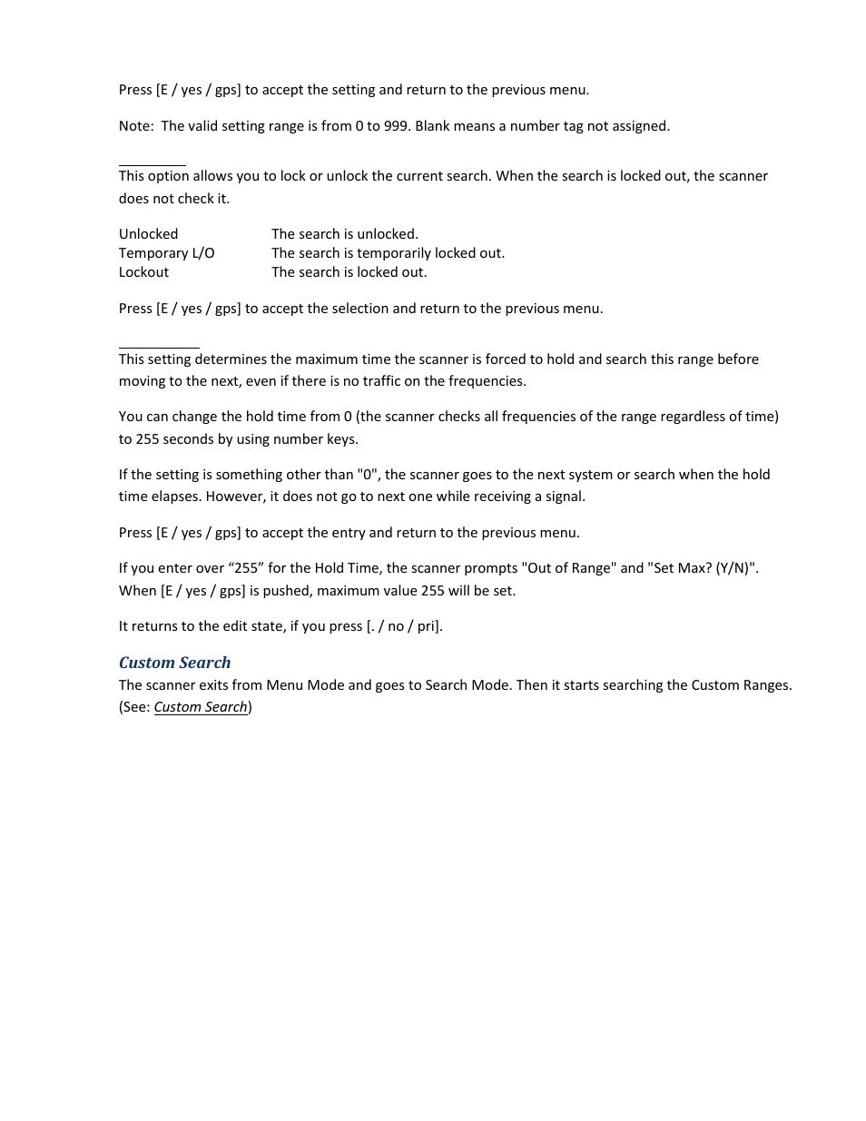 Set lockout, Set hold time, Custom search | Uniden BCD396XT User Manual | Page 81 / 273