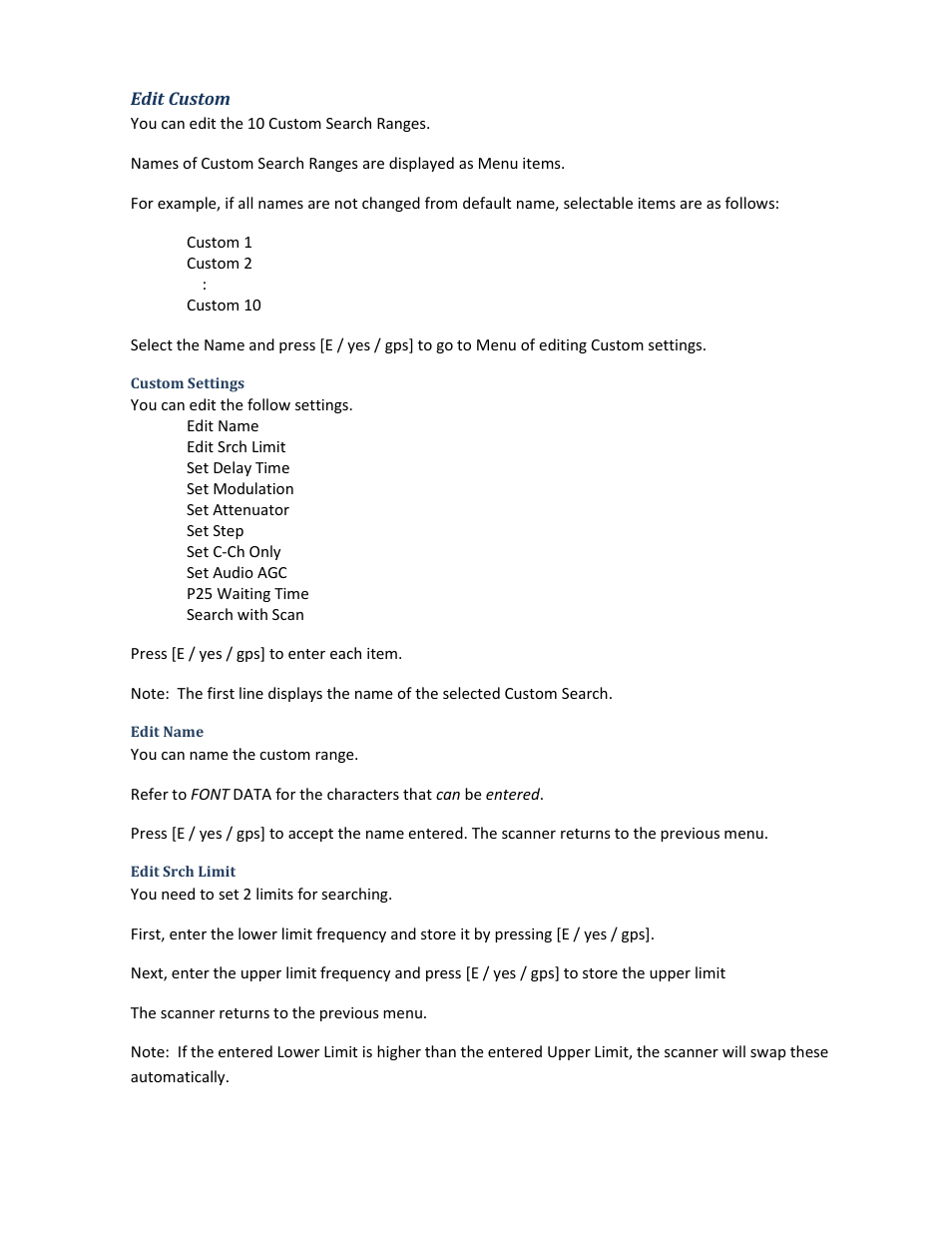 Edit custom, Custom settings, Edit name | Edit srch limit | Uniden BCD396XT User Manual | Page 82 / 273