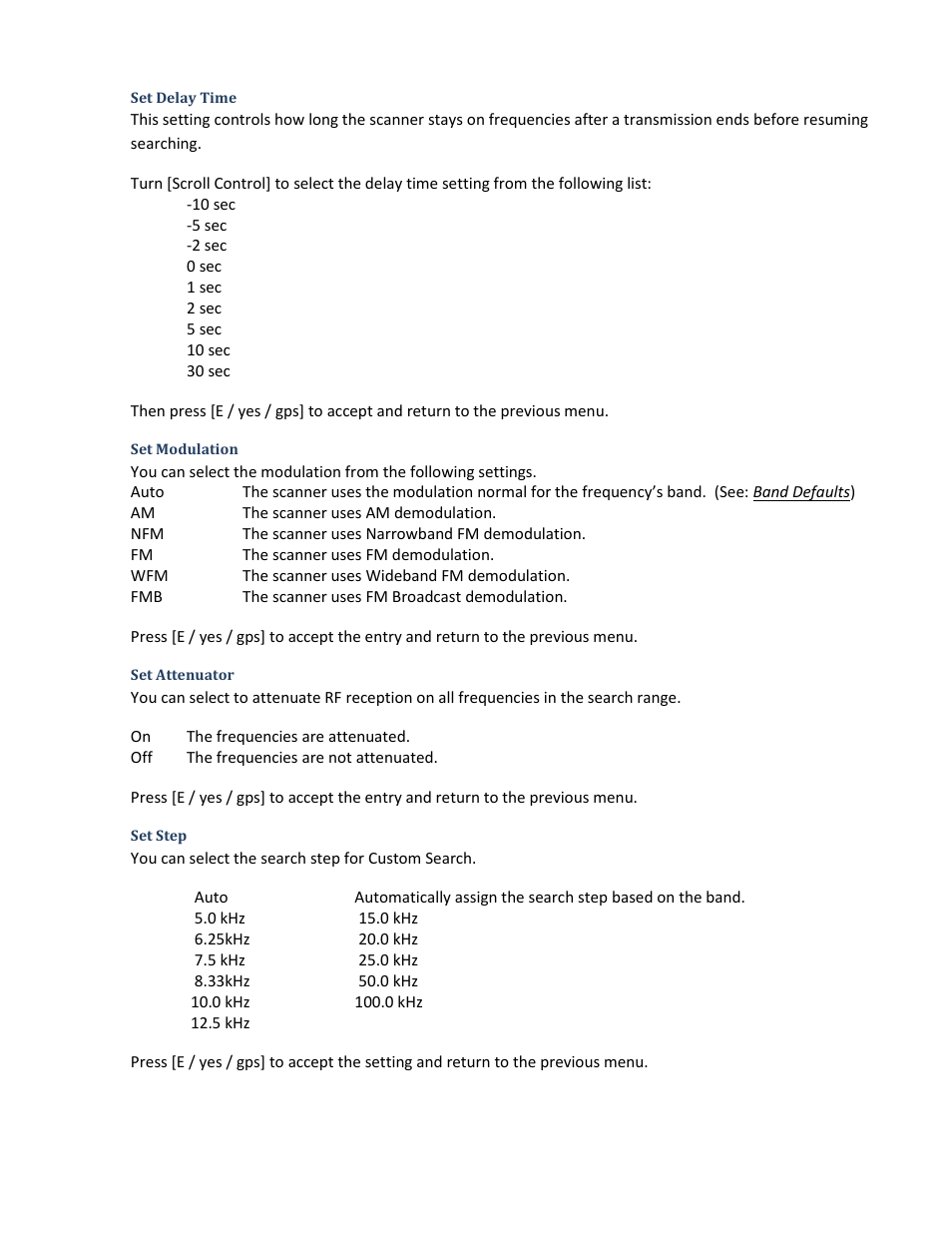 Set delay time, Set modulation, Set attenuator | Set step | Uniden BCD396XT User Manual | Page 83 / 273